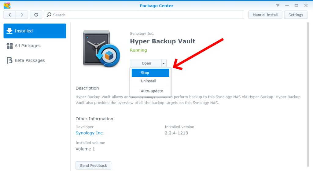 screenshot of how to stop Hyper Backup Vault